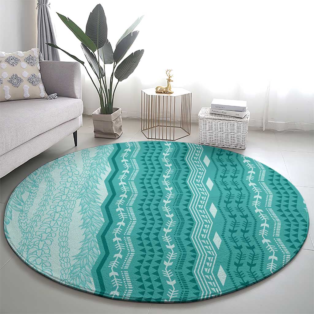 Vintage Teal Hawaiian Traditional Kapa Mix Flowers Lei Round Carpet
