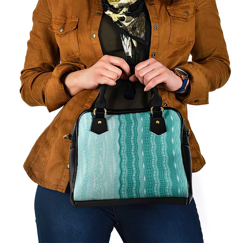 Vintage Teal Hawaiian Traditional Kapa Mix Flowers Lei Shoulder Handbag