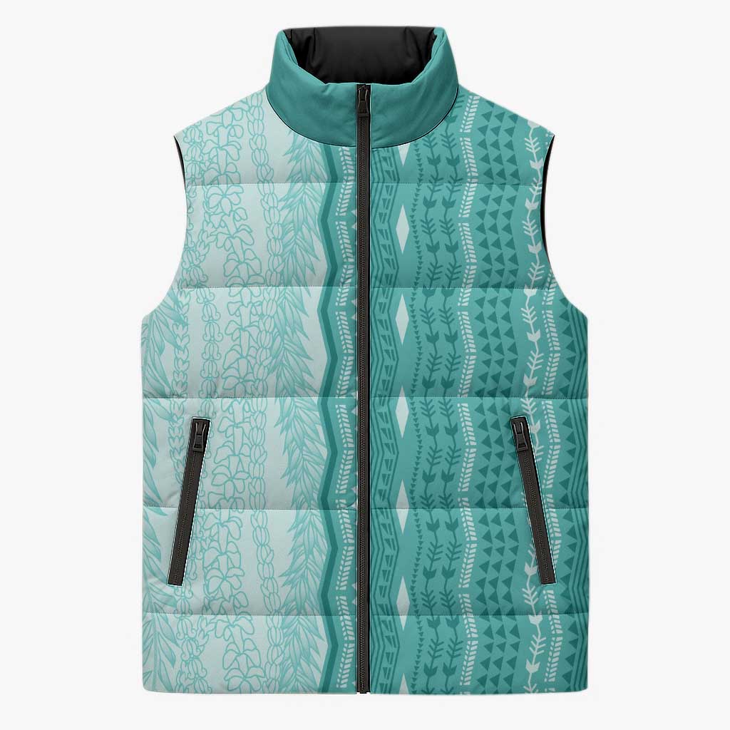 Vintage Teal Hawaiian Traditional Kapa Mix Flowers Lei Sleeveless Puffer Jacket
