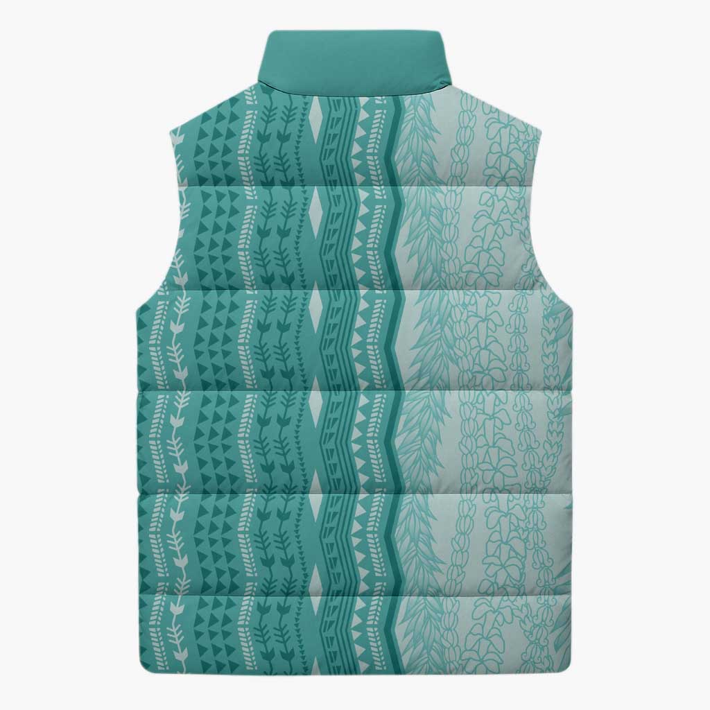Vintage Teal Hawaiian Traditional Kapa Mix Flowers Lei Sleeveless Puffer Jacket