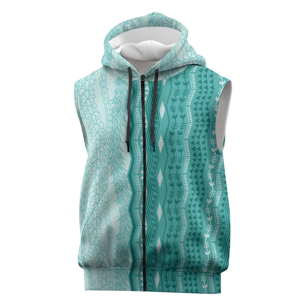 Vintage Teal Hawaiian Traditional Kapa Mix Flowers Lei Sleeveless Zip Hoodie