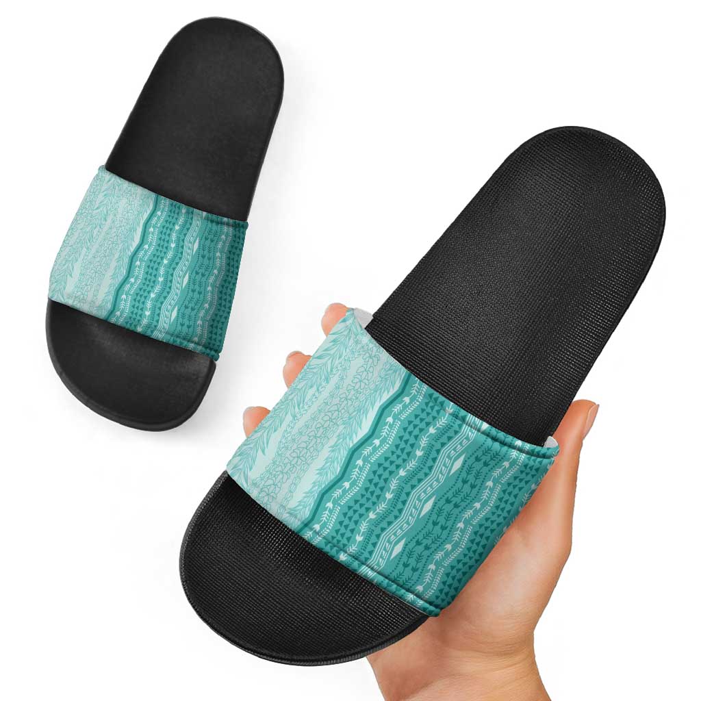 Vintage Teal Hawaiian Traditional Kapa Mix Flowers Lei Slide Sandals LT7 - Polynesian Pride