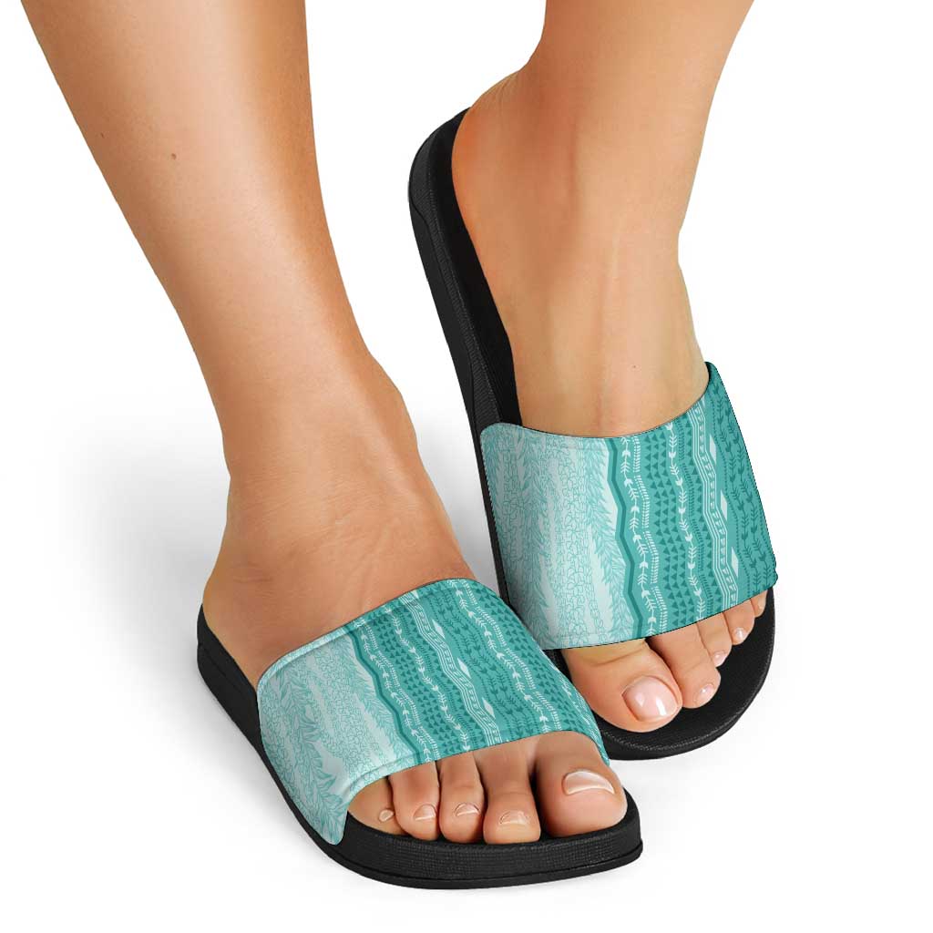 Vintage Teal Hawaiian Traditional Kapa Mix Flowers Lei Slide Sandals LT7 - Polynesian Pride