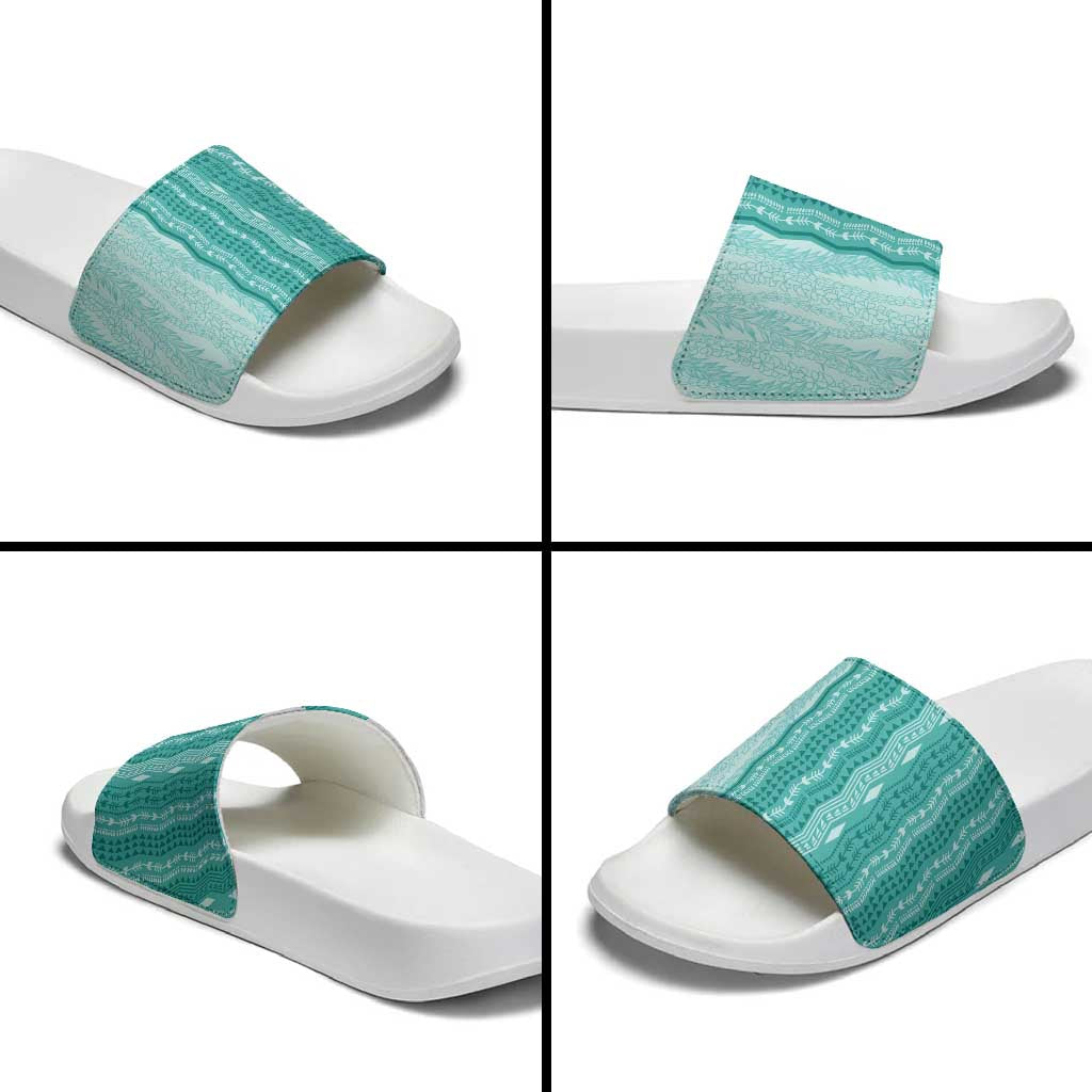 Vintage Teal Hawaiian Traditional Kapa Mix Flowers Lei Slide Sandals LT7 - Polynesian Pride