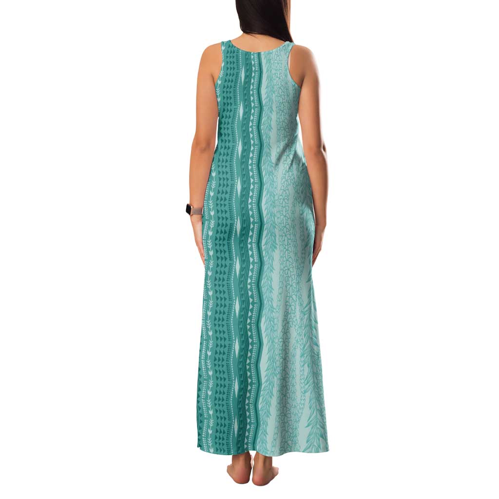 Vintage Teal Hawaiian Traditional Kapa Mix Flowers Lei Tank Maxi Dress