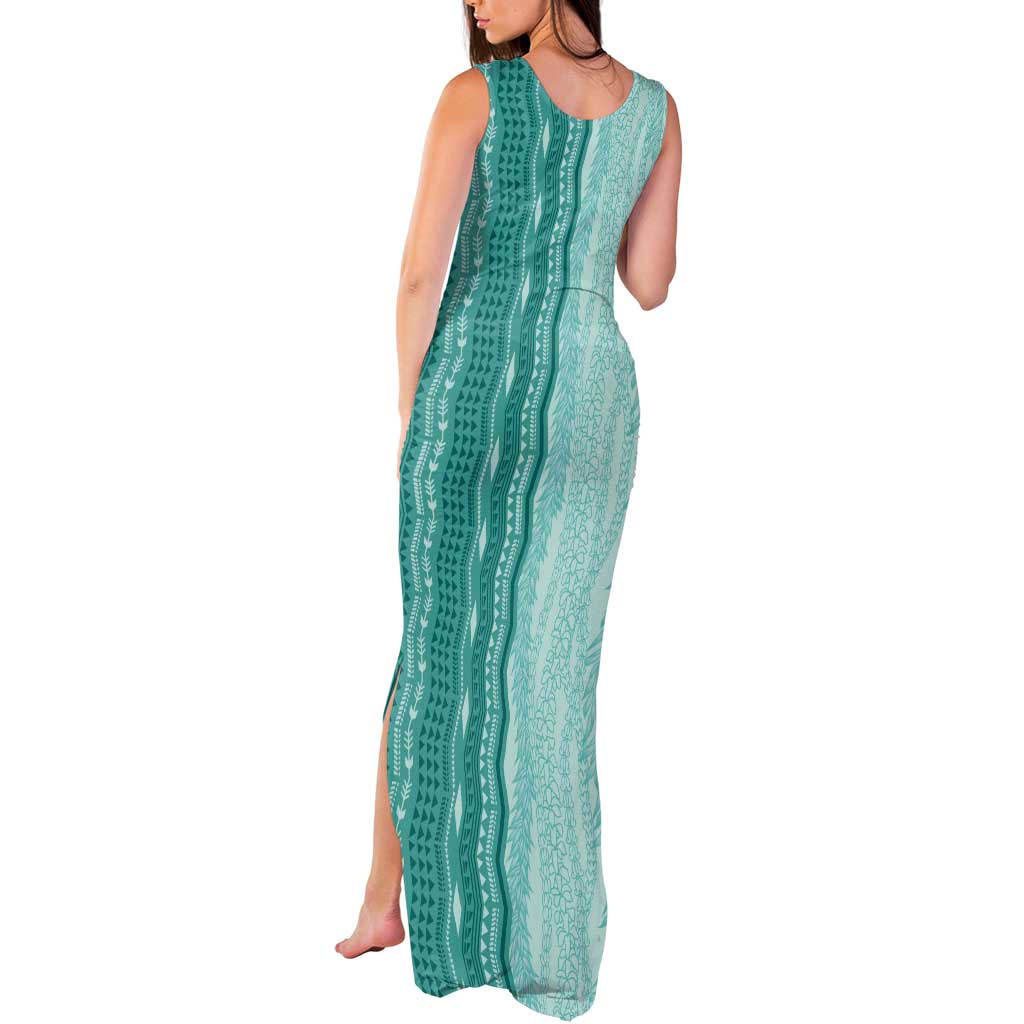 Vintage Teal Hawaiian Traditional Kapa Mix Flowers Lei Tank Maxi Dress
