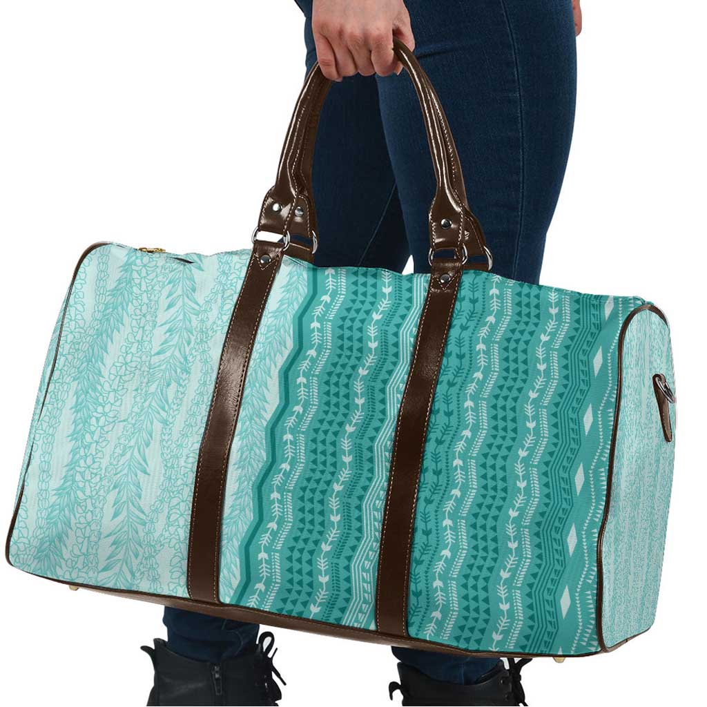 Vintage Teal Hawaiian Traditional Kapa Mix Flowers Lei Travel Bag