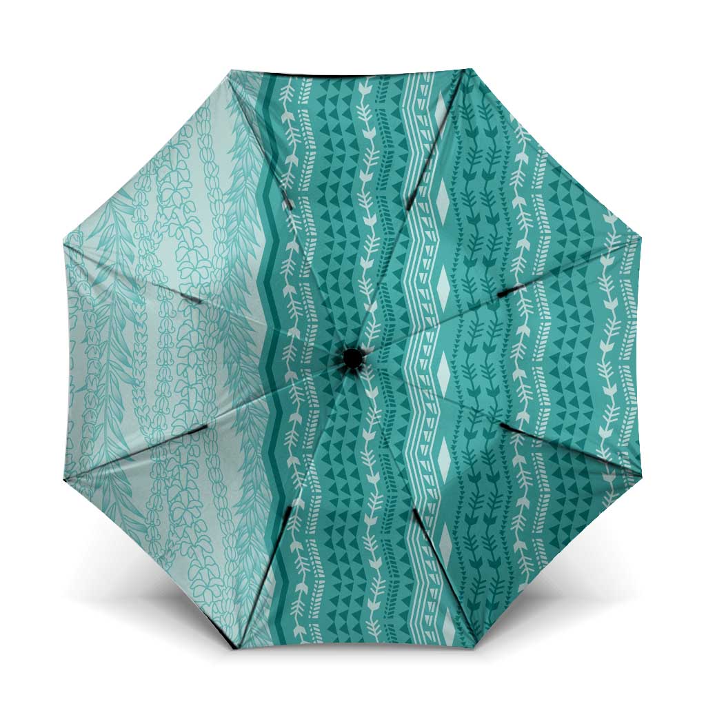 Vintage Teal Hawaiian Traditional Kapa Mix Flowers Lei Umbrella