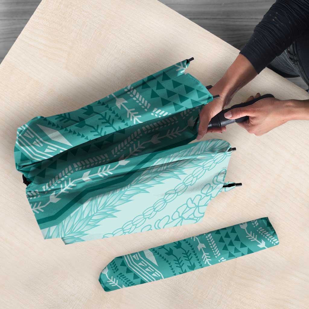 Vintage Teal Hawaiian Traditional Kapa Mix Flowers Lei Umbrella