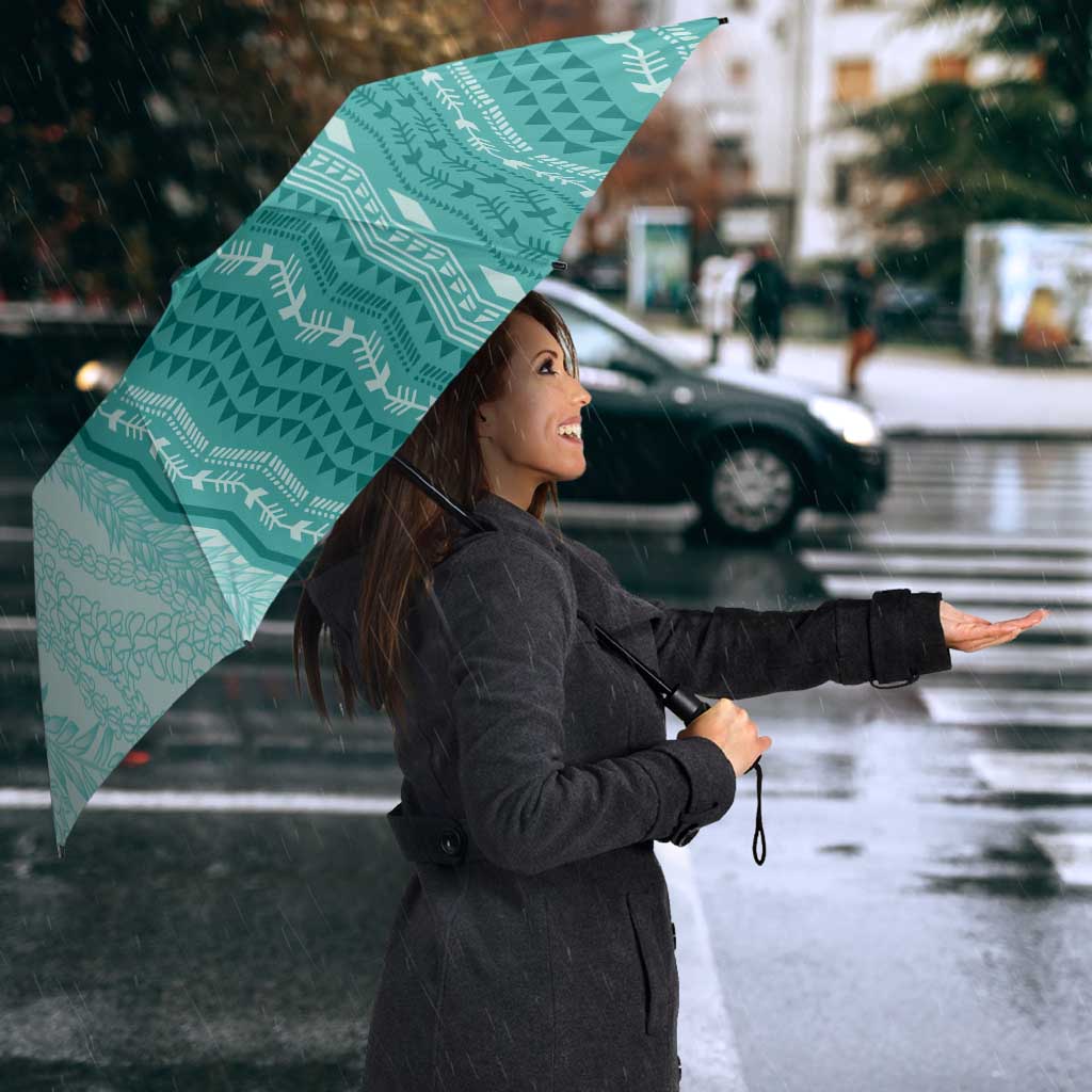 Vintage Teal Hawaiian Traditional Kapa Mix Flowers Lei Umbrella