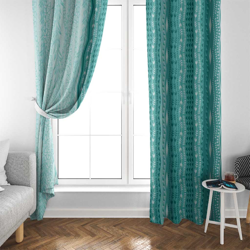 Vintage Teal Hawaiian Traditional Kapa Mix Flowers Lei Window Curtain