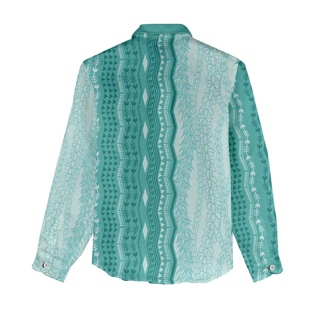 Vintage Teal Hawaiian Traditional Kapa Mix Flowers Lei Women Casual Shirt LT7 - Polynesian Pride
