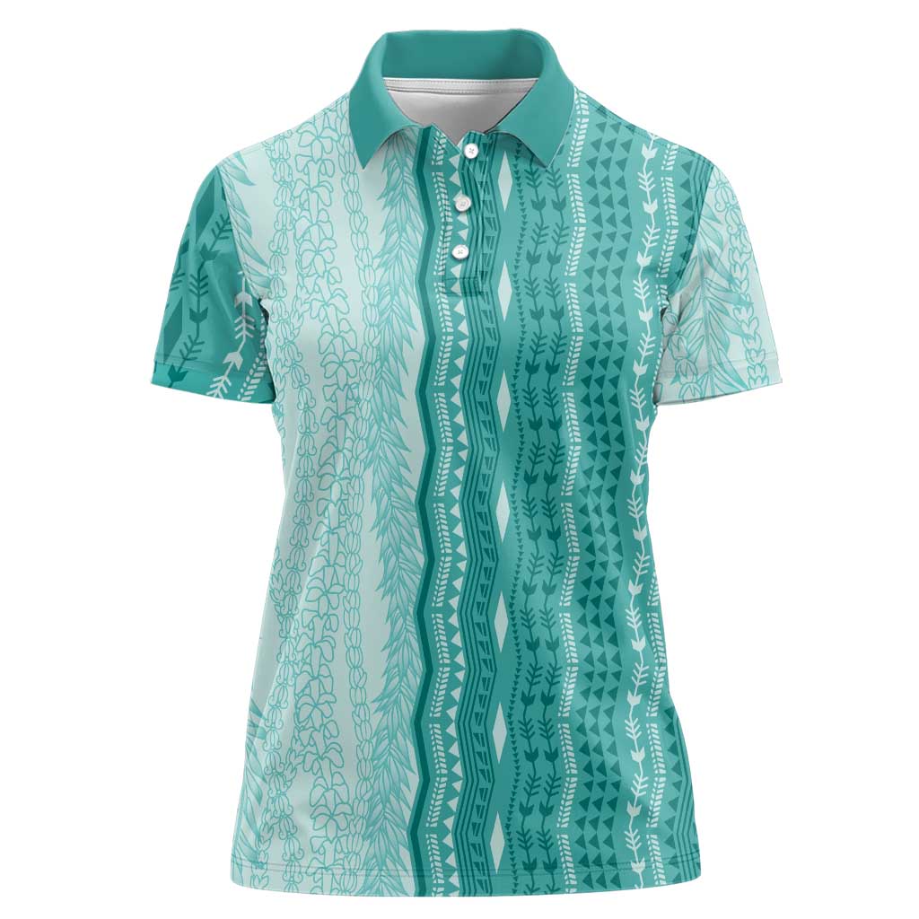 Vintage Teal Hawaiian Traditional Kapa Mix Flowers Lei Women Polo Shirt LT7 Female Teal - Polynesian Pride