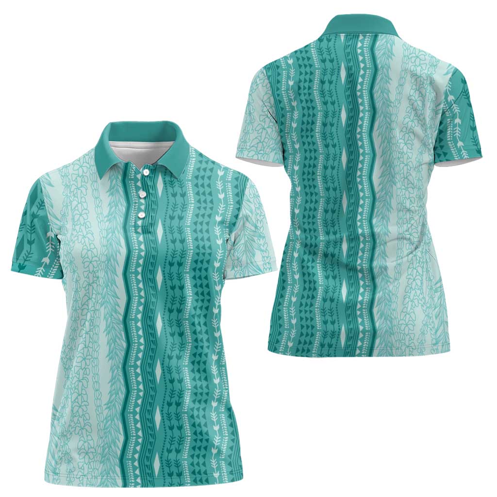 Vintage Teal Hawaiian Traditional Kapa Mix Flowers Lei Women Polo Shirt LT7 - Polynesian Pride