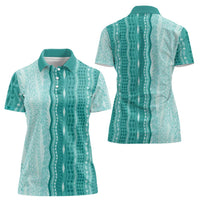 Vintage Teal Hawaiian Traditional Kapa Mix Flowers Lei Women Polo Shirt LT7 - Polynesian Pride