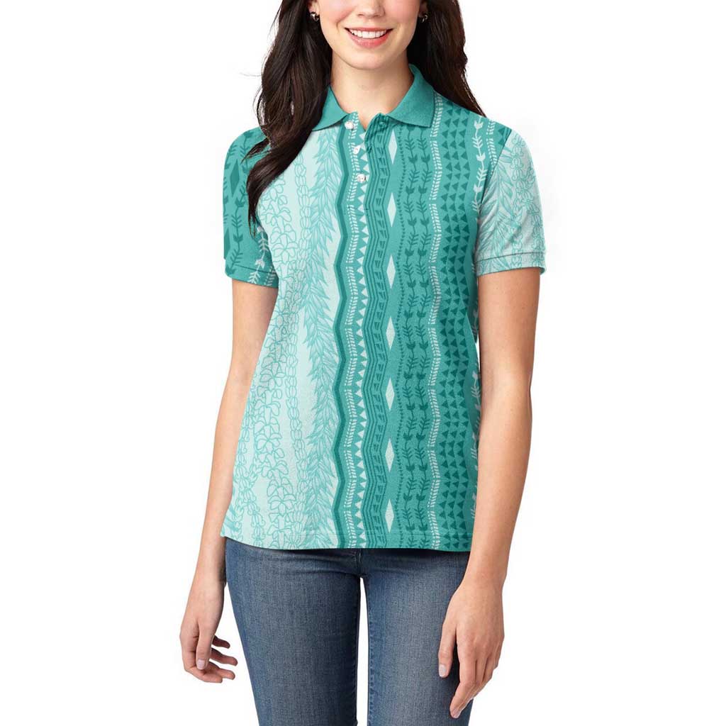Vintage Teal Hawaiian Traditional Kapa Mix Flowers Lei Women Polo Shirt LT7 - Polynesian Pride