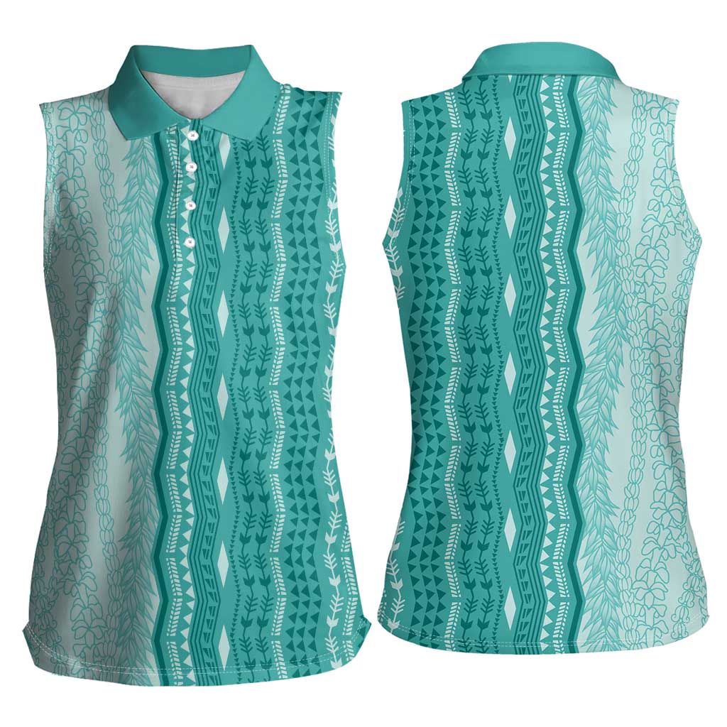 Vintage Teal Hawaiian Traditional Kapa Mix Flowers Lei Women Sleeveless Polo Shirt LT7 - Polynesian Pride