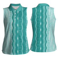 Vintage Teal Hawaiian Traditional Kapa Mix Flowers Lei Women Sleeveless Polo Shirt LT7 - Polynesian Pride