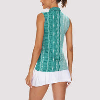 Vintage Teal Hawaiian Traditional Kapa Mix Flowers Lei Women Sleeveless Polo Shirt LT7 - Polynesian Pride