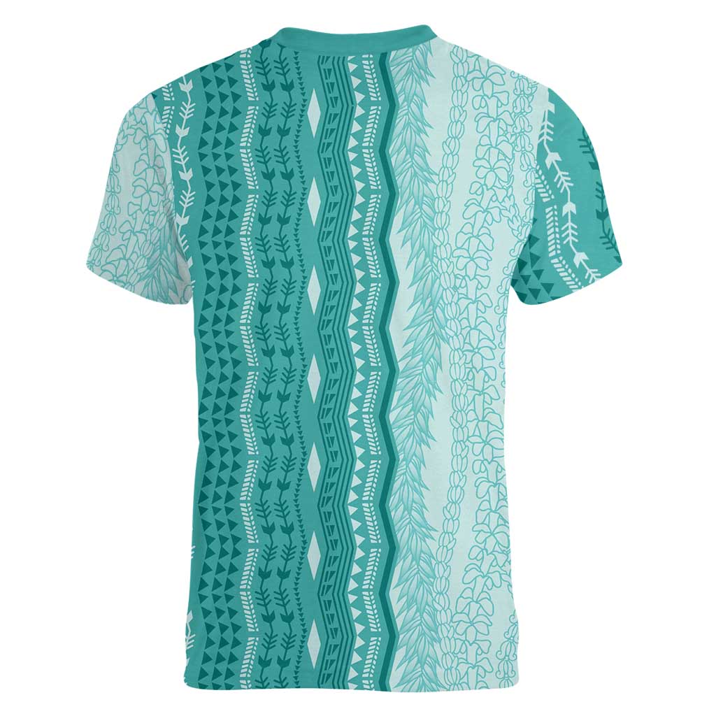 Vintage Teal Hawaiian Traditional Kapa Mix Flowers Lei Women V-Neck T-Shirt LT7 - Polynesian Pride