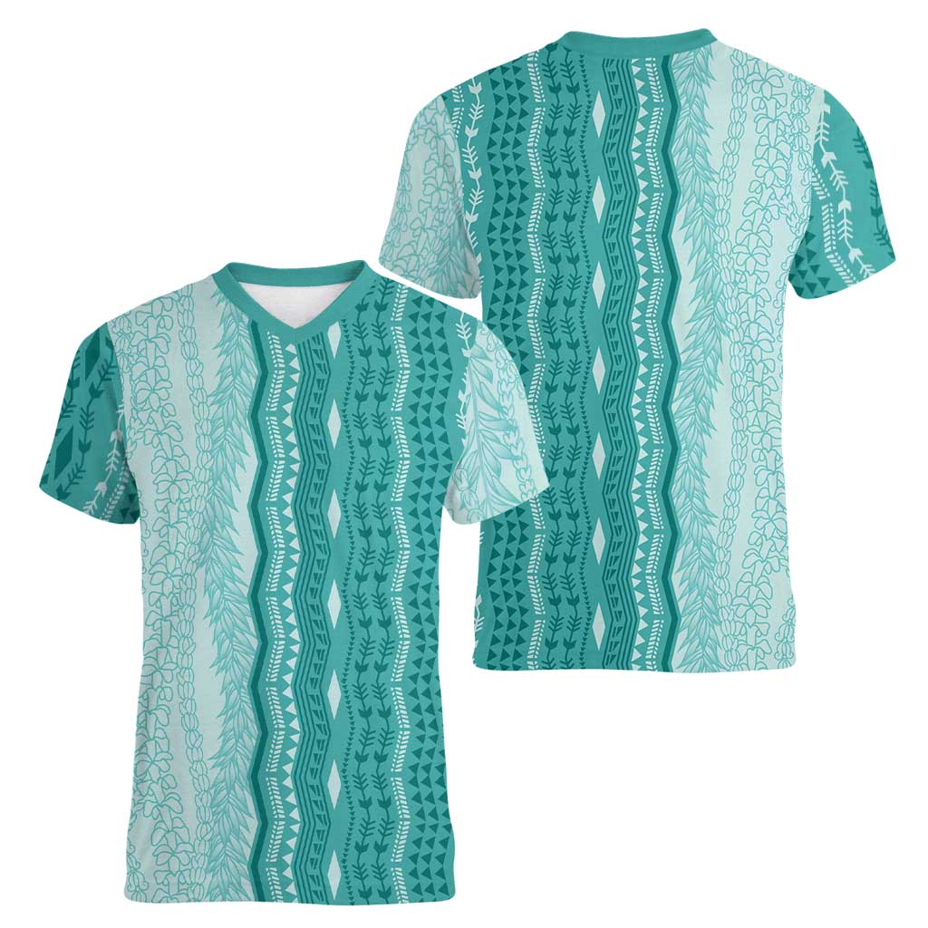 Vintage Teal Hawaiian Traditional Kapa Mix Flowers Lei Women V-Neck T-Shirt LT7 - Polynesian Pride