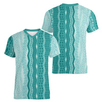 Vintage Teal Hawaiian Traditional Kapa Mix Flowers Lei Women V-Neck T-Shirt LT7 - Polynesian Pride