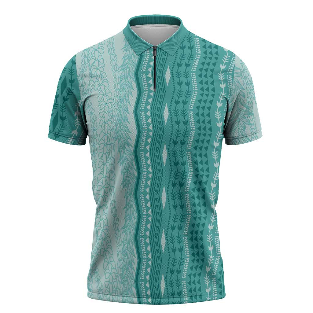Vintage Teal Hawaiian Traditional Kapa Mix Flowers Lei Zipper Polo Shirt