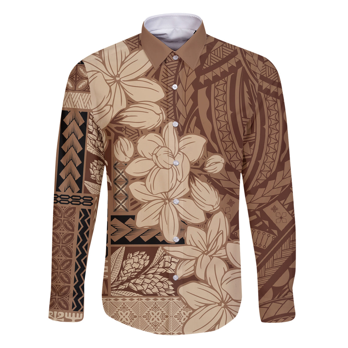 Samoa Women's Day Family Matching Off Shoulder Short Dress and Hawaiian Shirt Tiale Flower Mix Siapo Tapa LT7 Dad's Shirt - Long Sleeve Beige - Polynesian Pride
