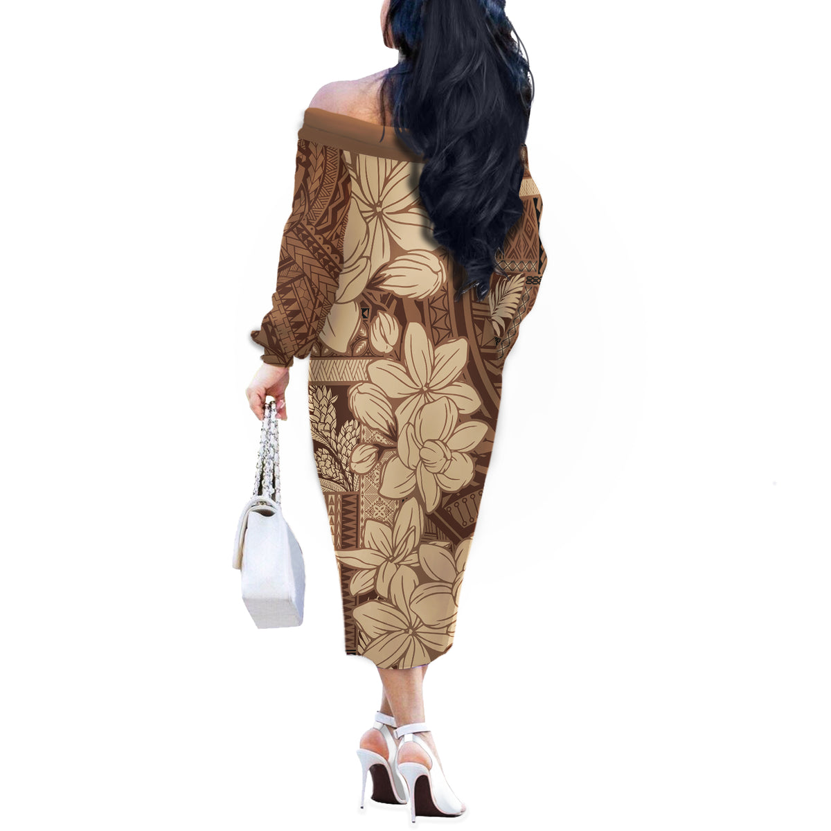 Samoa Women's Day Off The Shoulder Long Sleeve Dress Tiale Flower Mix Siapo Tapa LT7 - Polynesian Pride