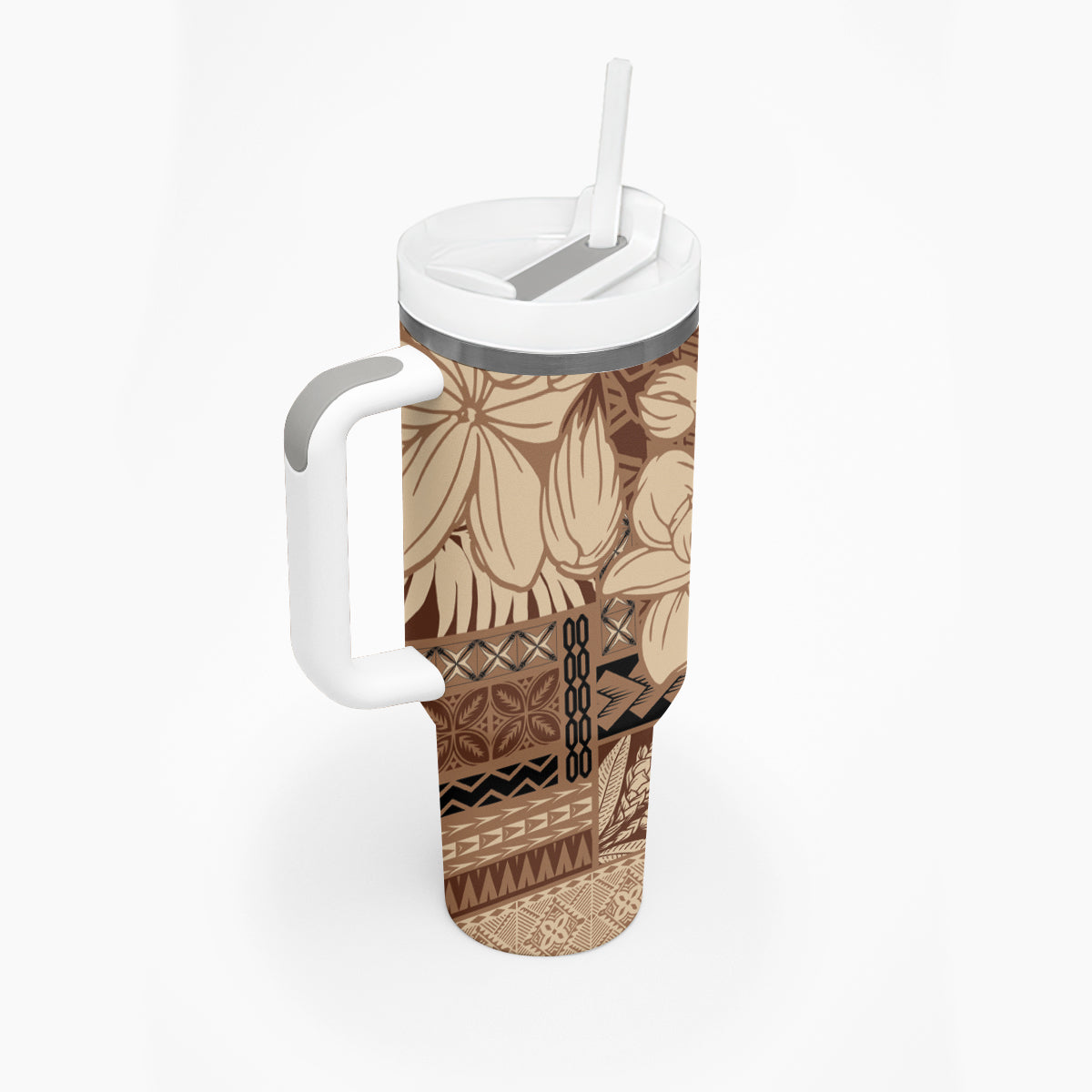 Samoa Women's Day Tumbler With Handle Tiale Flower Mix Siapo Tapa