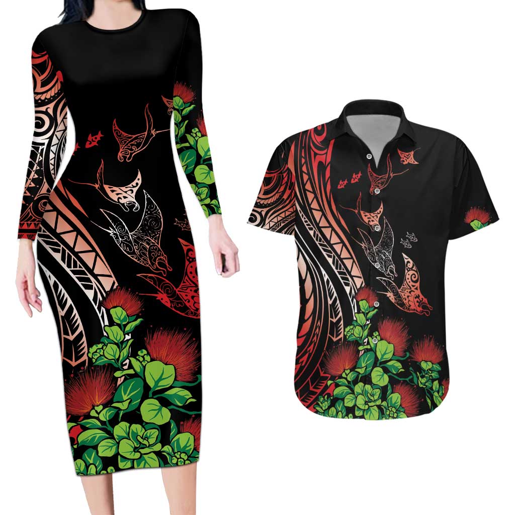 Aloha Hawaii Manta Rays Couples Matching Long Sleeve Bodycon Dress and Hawaiian Shirt Red Ohia Lehua LT7 Red - Polynesian Pride