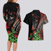 Aloha Hawaii Manta Rays Couples Matching Long Sleeve Bodycon Dress and Hawaiian Shirt Red Ohia Lehua LT7 - Polynesian Pride