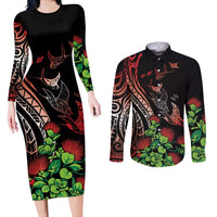 Aloha Hawaii Manta Rays Couples Matching Long Sleeve Bodycon Dress and Long Sleeve Button Shirt Red Ohia Lehua LT7 Red - Polynesian Pride