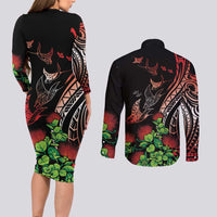 Aloha Hawaii Manta Rays Couples Matching Long Sleeve Bodycon Dress and Long Sleeve Button Shirt Red Ohia Lehua LT7 - Polynesian Pride