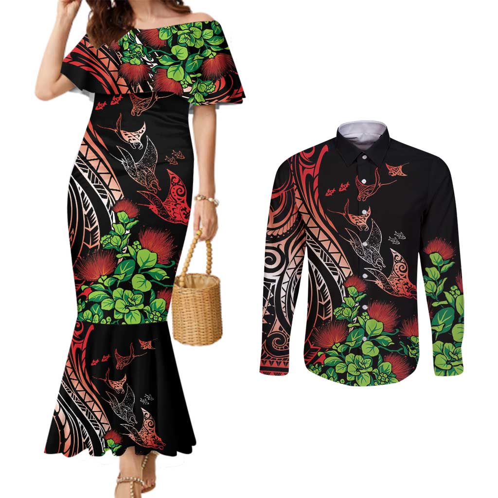 Aloha Hawaii Manta Rays Couples Matching Mermaid Dress and Long Sleeve Button Shirt Red Ohia Lehua LT7 Red - Polynesian Pride