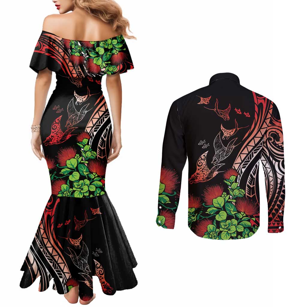 Aloha Hawaii Manta Rays Couples Matching Mermaid Dress and Long Sleeve Button Shirt Red Ohia Lehua LT7 - Polynesian Pride