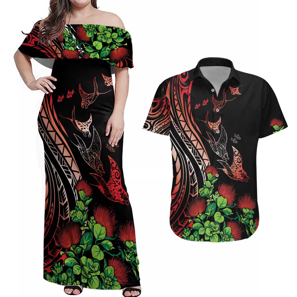 Aloha Hawaii Manta Rays Couples Matching Off Shoulder Maxi Dress and Hawaiian Shirt Red Ohia Lehua LT7 Red - Polynesian Pride