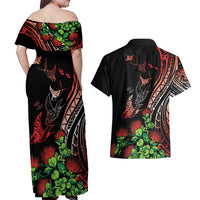Aloha Hawaii Manta Rays Couples Matching Off Shoulder Maxi Dress and Hawaiian Shirt Red Ohia Lehua LT7 - Polynesian Pride