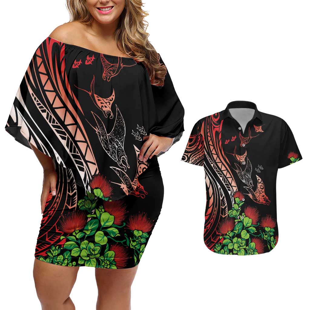 Aloha Hawaii Manta Rays Couples Matching Off Shoulder Short Dress and Hawaiian Shirt Red Ohia Lehua LT7 Red - Polynesian Pride