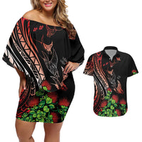 Aloha Hawaii Manta Rays Couples Matching Off Shoulder Short Dress and Hawaiian Shirt Red Ohia Lehua LT7 Red - Polynesian Pride