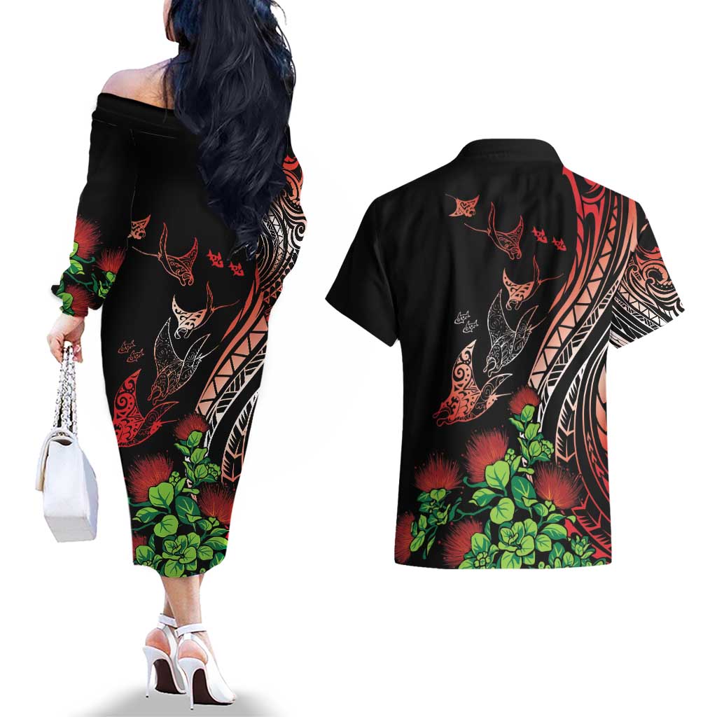 Aloha Hawaii Manta Rays Couples Matching Off The Shoulder Long Sleeve Dress and Hawaiian Shirt Red Ohia Lehua LT7 - Polynesian Pride