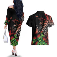 Aloha Hawaii Manta Rays Couples Matching Off The Shoulder Long Sleeve Dress and Hawaiian Shirt Red Ohia Lehua LT7 - Polynesian Pride