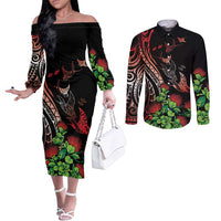 Aloha Hawaii Manta Rays Couples Matching Off The Shoulder Long Sleeve Dress and Long Sleeve Button Shirt Red Ohia Lehua LT7 Red - Polynesian Pride