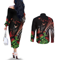 Aloha Hawaii Manta Rays Couples Matching Off The Shoulder Long Sleeve Dress and Long Sleeve Button Shirt Red Ohia Lehua LT7 - Polynesian Pride