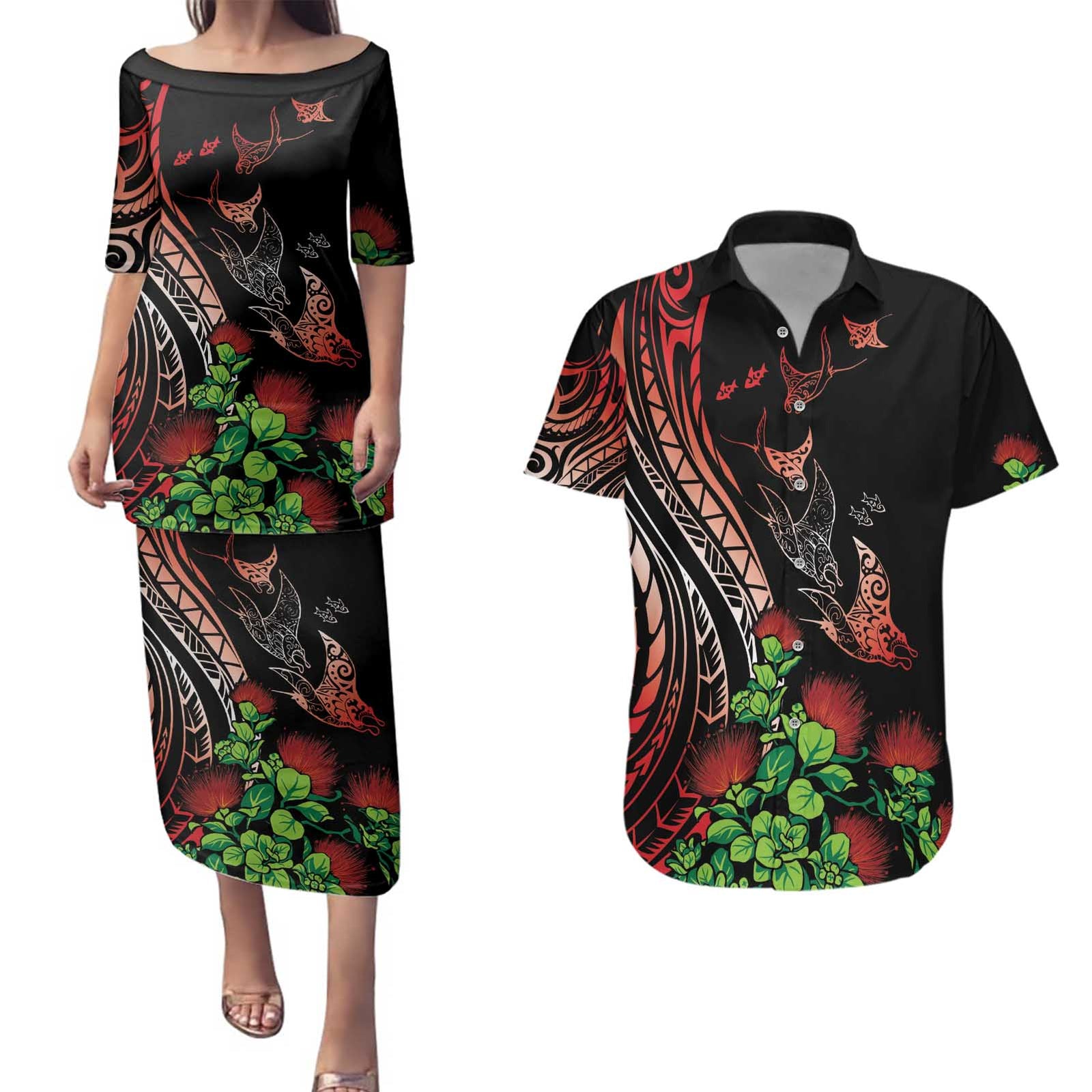 Aloha Hawaii Manta Rays Couples Matching Puletasi and Hawaiian Shirt Red Ohia Lehua