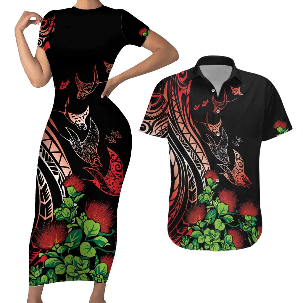 Aloha Hawaii Manta Rays Couples Matching Short Sleeve Bodycon Dress and Hawaiian Shirt Red Ohia Lehua LT7 Red - Polynesian Pride