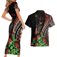 Aloha Hawaii Manta Rays Couples Matching Short Sleeve Bodycon Dress and Hawaiian Shirt Red Ohia Lehua LT7 - Polynesian Pride