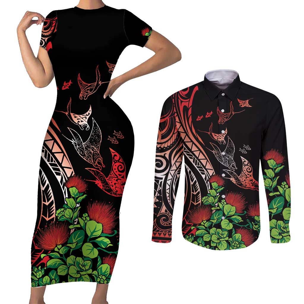 Aloha Hawaii Manta Rays Couples Matching Short Sleeve Bodycon Dress and Long Sleeve Button Shirt Red Ohia Lehua LT7 Red - Polynesian Pride