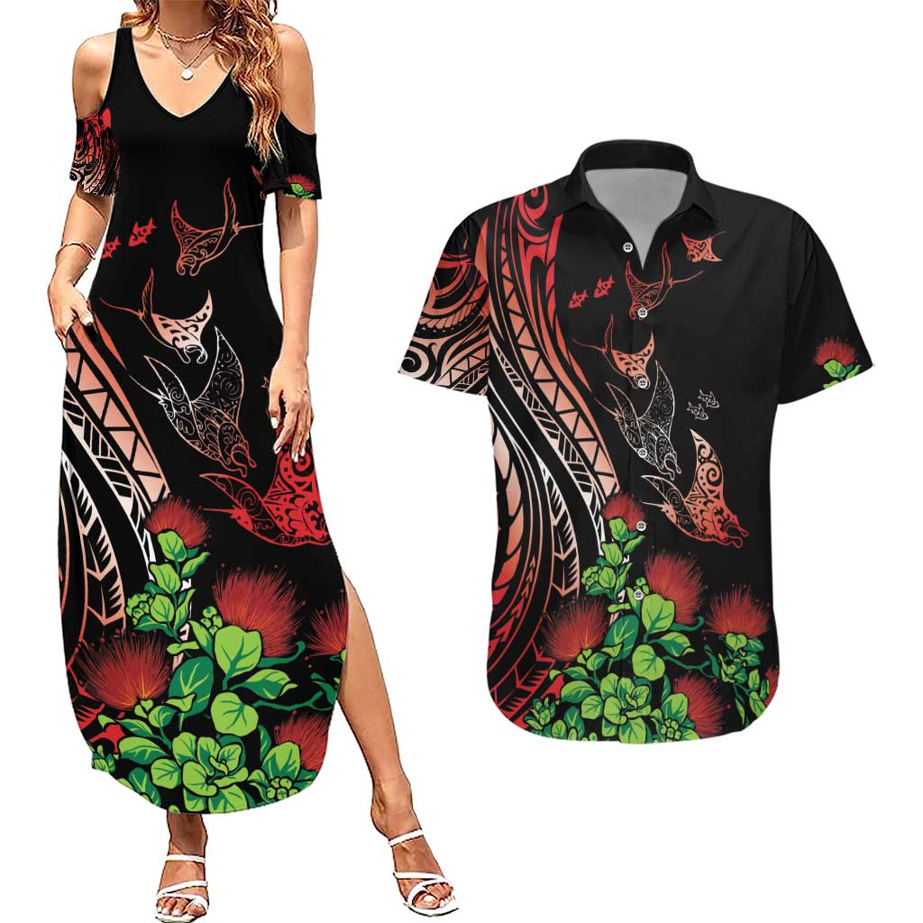 Aloha Hawaii Manta Rays Couples Matching Summer Maxi Dress and Hawaiian Shirt Red Ohia Lehua LT7 Red - Polynesian Pride