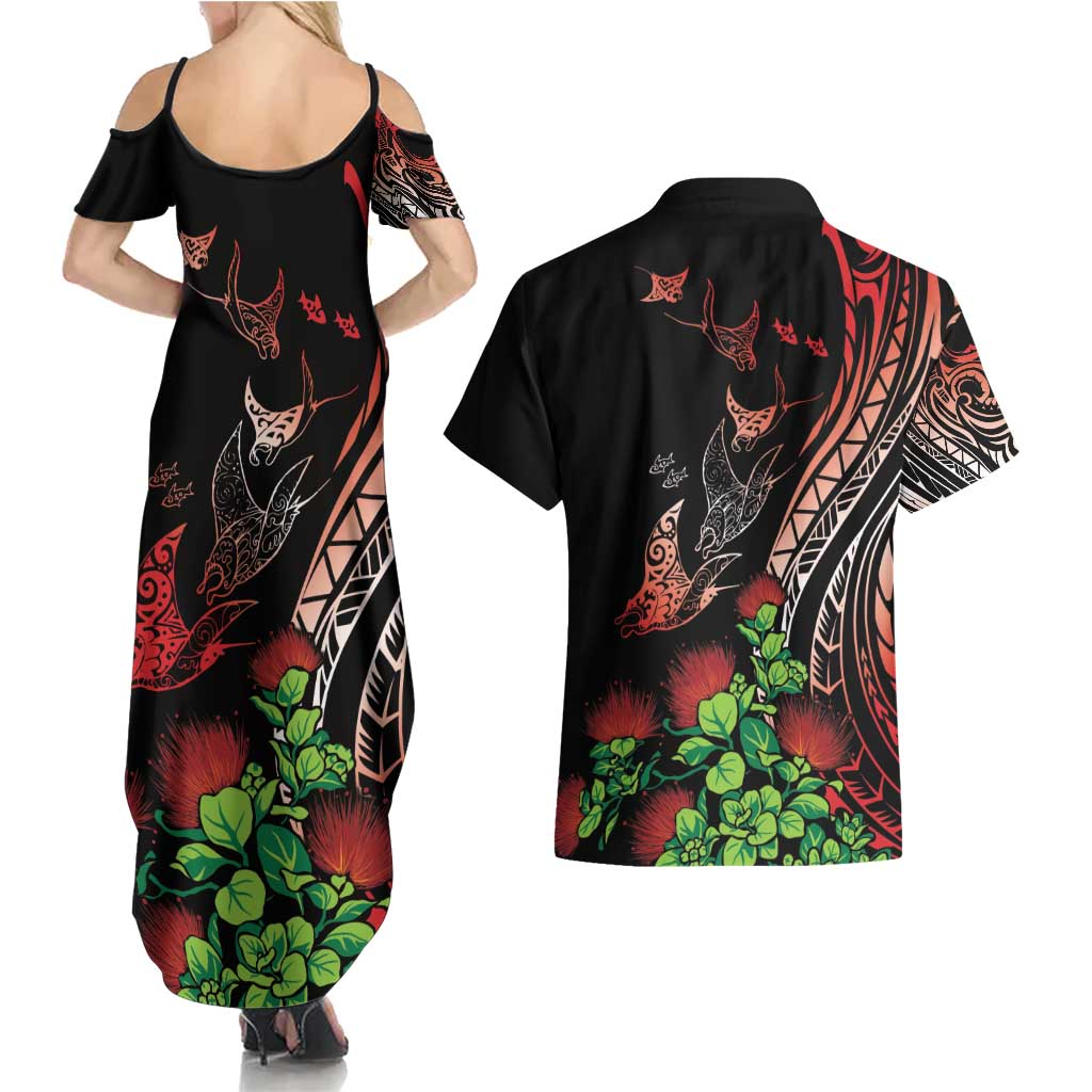 Aloha Hawaii Manta Rays Couples Matching Summer Maxi Dress and Hawaiian Shirt Red Ohia Lehua LT7 - Polynesian Pride